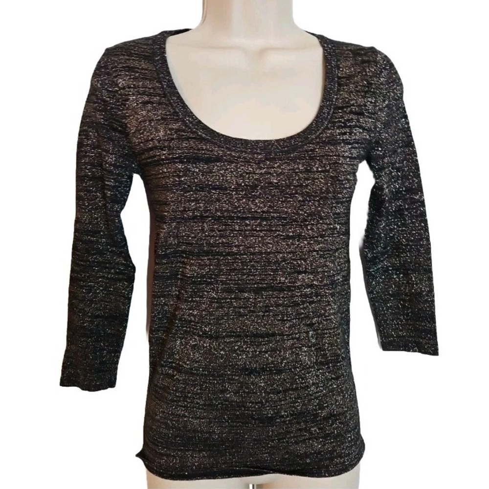 Cache Women's Metallic Striped Print Top 3/4 Sleeve Round Neck Size XS Stretchy‎